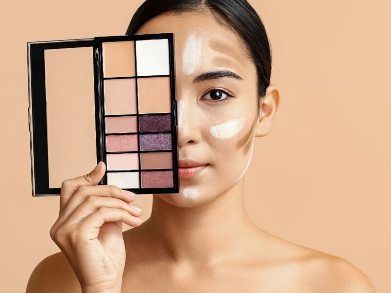 when applying makeup, contouring with light colors will have what effect on the face?