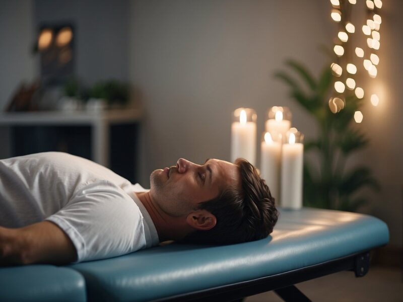 A person lying on a chiropractic table, surrounded by soothing decor. A chiropractor gently adjusts their spine, promoting pain relief and wellness